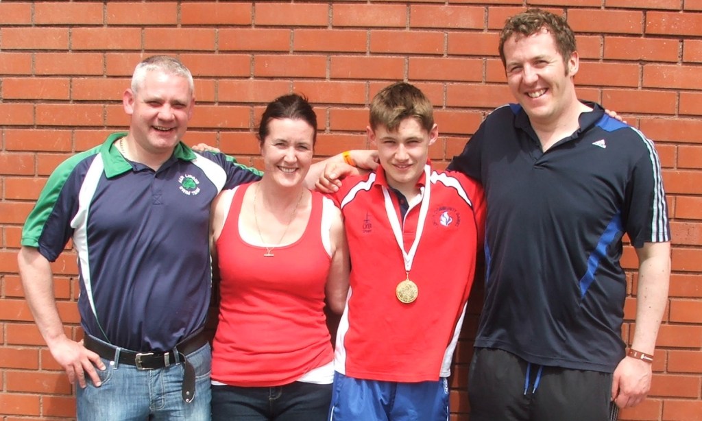 Pádraig, Pauline & Jack McCullough with Colin Lowth at National Swimming Finals (Athlone, May 2013)